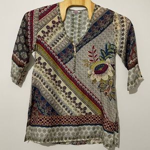 Johnny Was 100% Silk V-Neck‎ Tunic Floral Boho Elbow Length Slit Sleeves Small